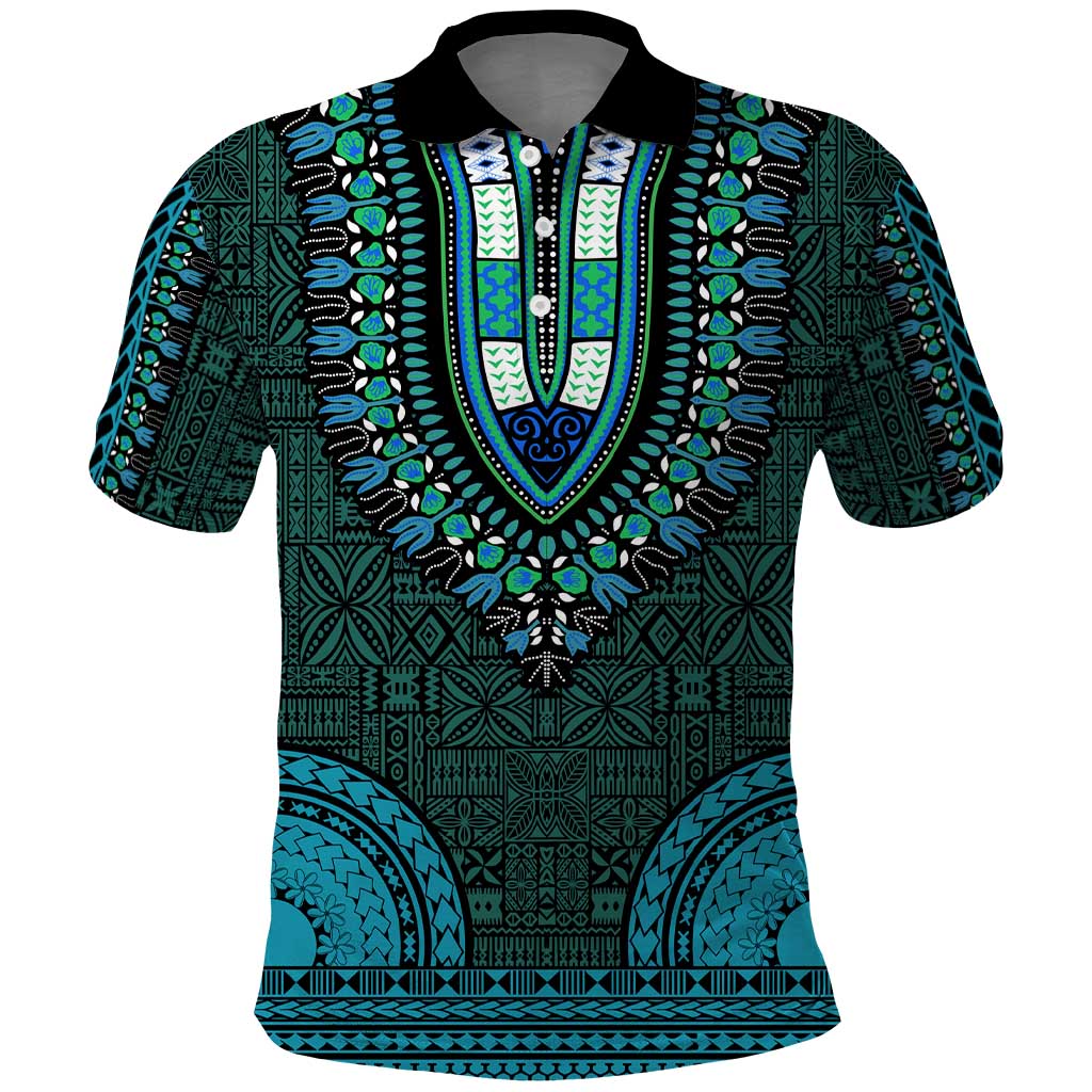 Teal Dashiki and Tapa Pattern Polo Shirt Africa-Polynesia Together Culture