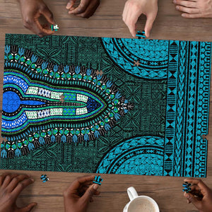 Teal Dashiki and Tapa Pattern Puzzle Africa-Polynesia Together Culture