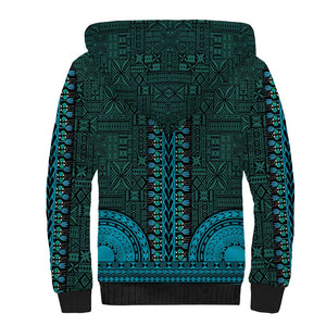 Teal Dashiki and Tapa Pattern Sherpa Hoodie Africa-Polynesia Together Culture