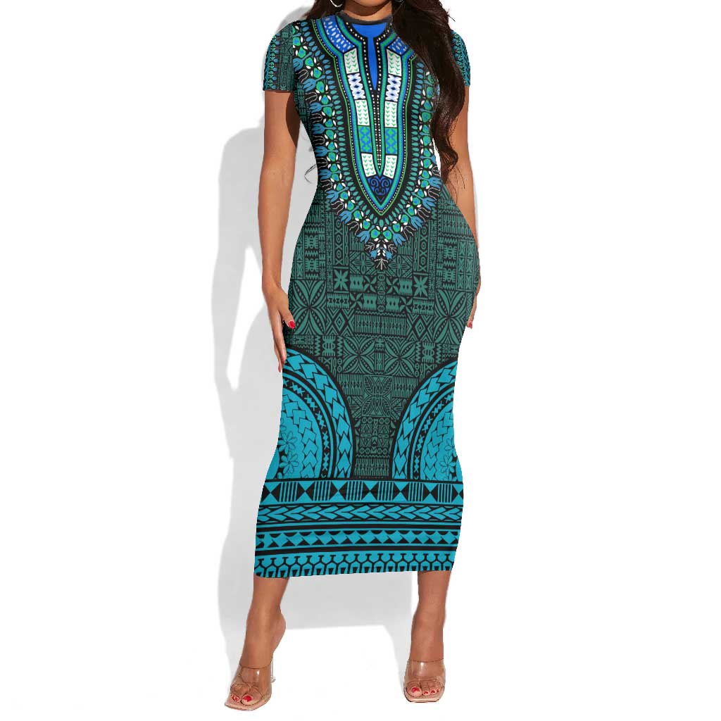 Teal Dashiki and Tapa Pattern Short Sleeve Bodycon Dress Africa-Polynesia Together Culture LT9