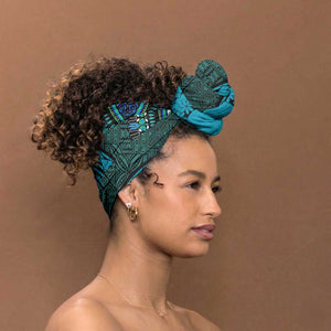Teal Dashiki and Tapa Pattern Simple Headwrap Africa and Polynesia Together Culture