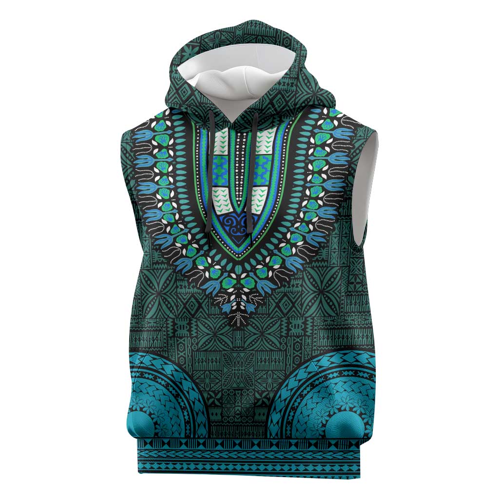Teal Dashiki and Tapa Pattern Sleeveless Hoodie Africa-Polynesia Together Culture - African Pride