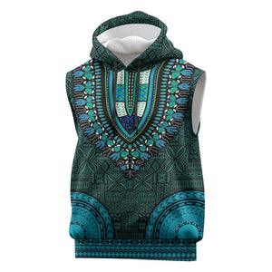 Teal Dashiki and Tapa Pattern Sleeveless Hoodie Africa-Polynesia Together Culture - African Pride