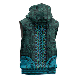 Teal Dashiki and Tapa Pattern Sleeveless Hoodie Africa-Polynesia Together Culture - African Pride