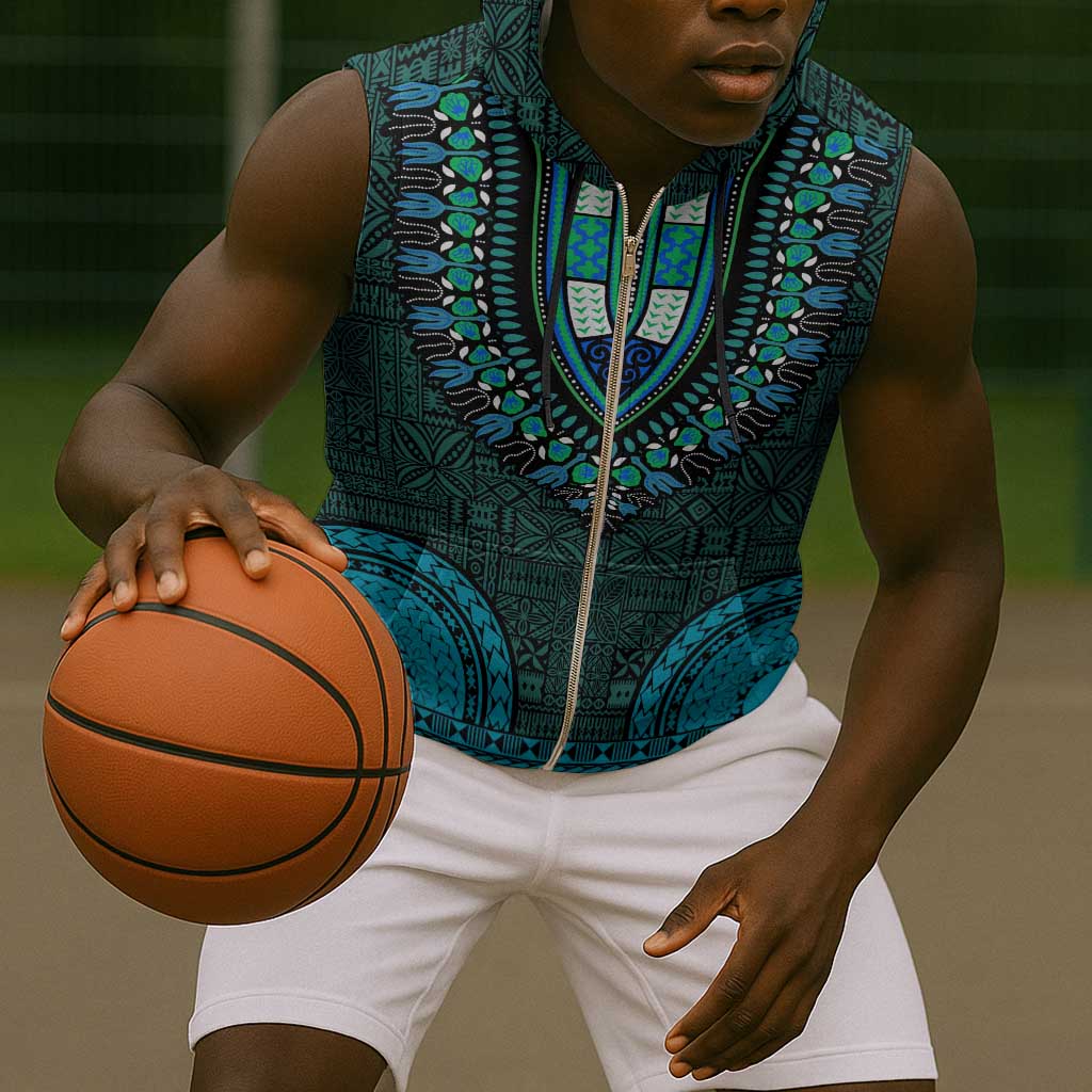 Teal Dashiki and Tapa Pattern Sleeveless Zip Hoodie Africa-Polynesia Together Culture - African Pride