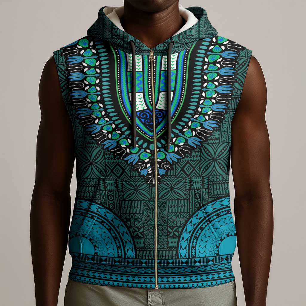 Teal Dashiki and Tapa Pattern Sleeveless Zip Hoodie Africa-Polynesia Together Culture - African Pride