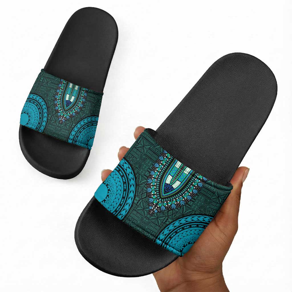 Teal Dashiki and Tapa Pattern Slide Sandals Africa-Polynesia Together Culture