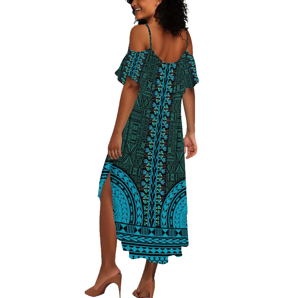Teal Dashiki and Tapa Pattern Summer Maxi Dress Africa-Polynesia Together Culture