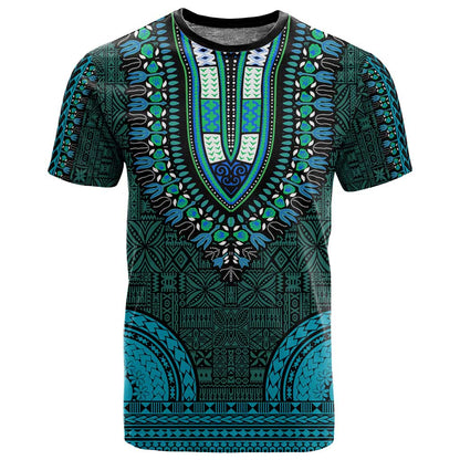 Teal Dashiki and Tapa Pattern T shirt Africa-Polynesia Together Culture
