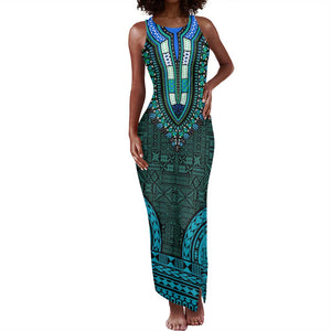Teal Dashiki and Tapa Pattern Tank Maxi Dress Africa-Polynesia Together Culture