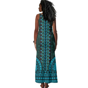 Teal Dashiki and Tapa Pattern Tank Maxi Dress Africa-Polynesia Together Culture