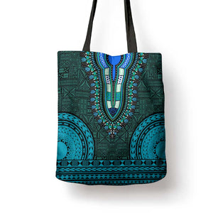 Teal Dashiki and Tapa Pattern Tote Bag Africa-Polynesia Together Culture
