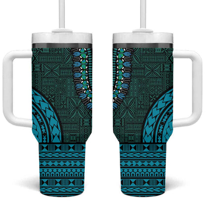 Teal Dashiki and Tapa Pattern Tumbler With Handle Africa-Polynesia Together Culture
