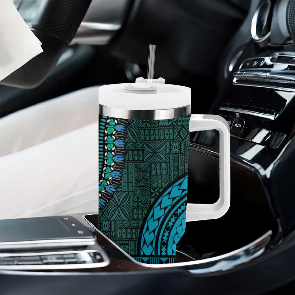 Teal Dashiki and Tapa Pattern Tumbler With Handle Africa-Polynesia Together Culture