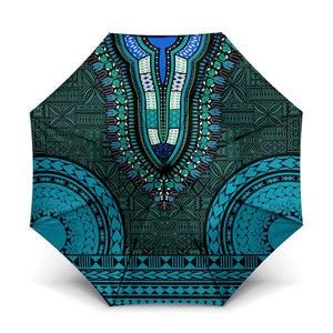 Teal Dashiki and Tapa Pattern Umbrella Africa-Polynesia Together Culture