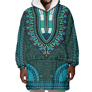 Teal Dashiki and Tapa Pattern Wearable Blanket Hoodie Africa-Polynesia Together Culture