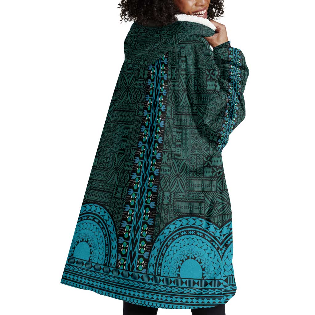 Teal Dashiki and Tapa Pattern Wearable Blanket Hoodie Africa-Polynesia Together Culture