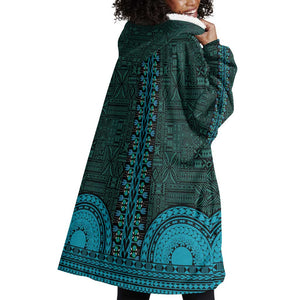 Teal Dashiki and Tapa Pattern Wearable Blanket Hoodie Africa-Polynesia Together Culture