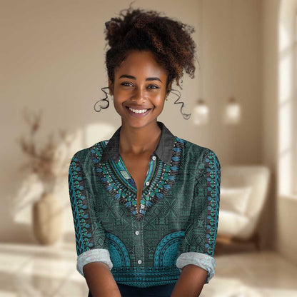 Teal Dashiki and Tapa Pattern Women Casual Shirt Africa-Polynesia Together Culture LT9