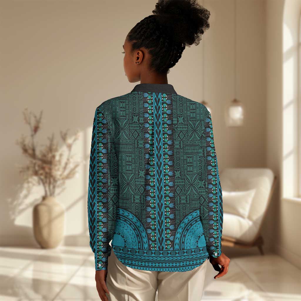 Teal Dashiki and Tapa Pattern Women Casual Shirt Africa-Polynesia Together Culture LT9