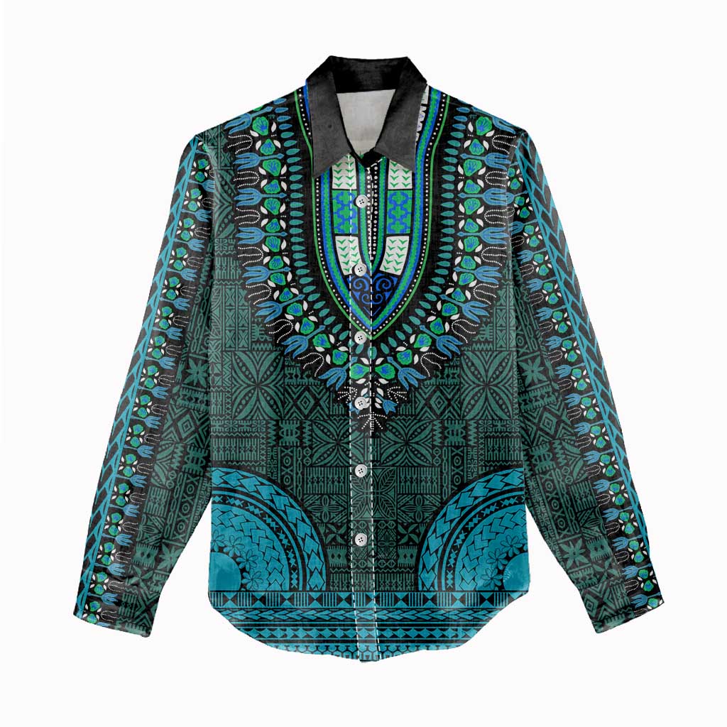 Teal Dashiki and Tapa Pattern Women Casual Shirt Africa-Polynesia Together Culture LT9