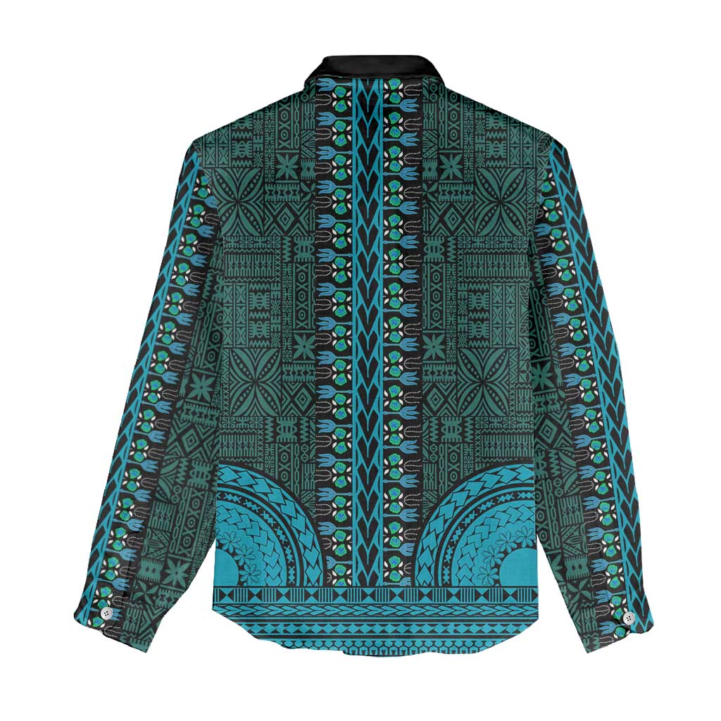 Teal Dashiki and Tapa Pattern Women Casual Shirt Africa-Polynesia Together Culture LT9