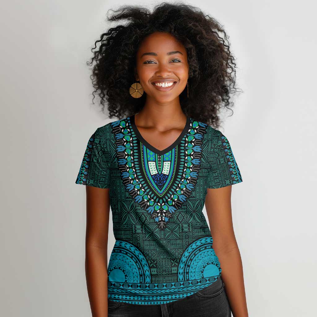 Teal Dashiki and Tapa Pattern Women V-Neck T-Shirt Africa-Polynesia Together Culture
