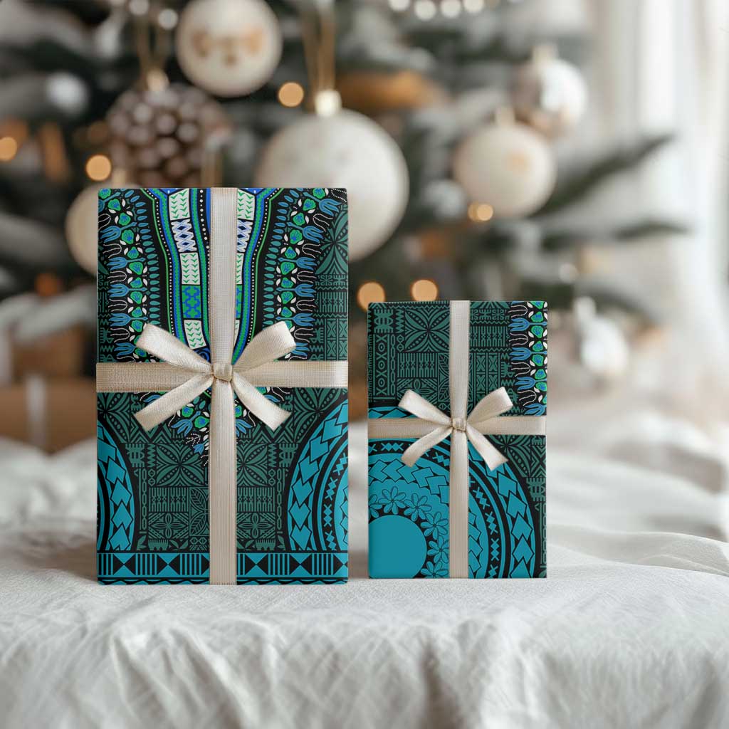 Teal Dashiki and Tapa Pattern Wrapping Paper Africa and Polynesia Together Culture - African Pride