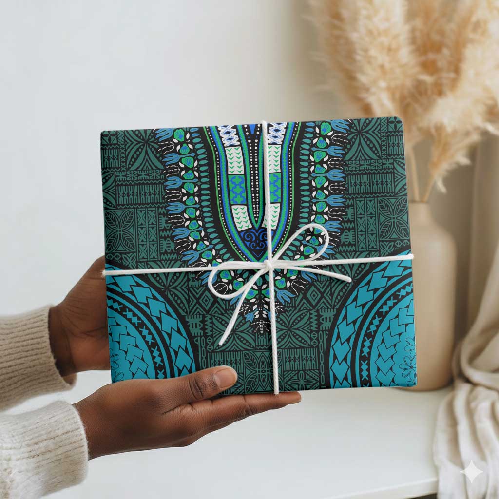 Teal Dashiki and Tapa Pattern Wrapping Paper Africa and Polynesia Together Culture - African Pride