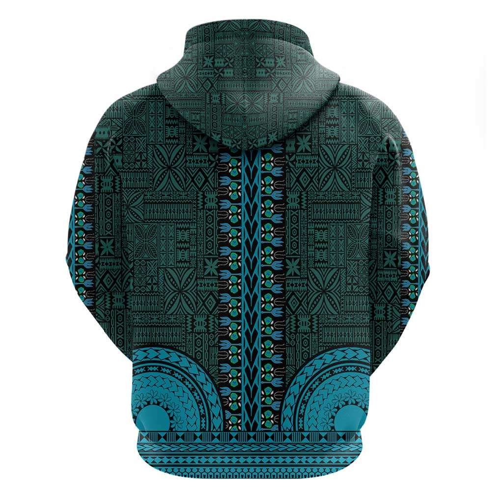 Teal Dashiki and Tapa Pattern Zip Hoodie Africa-Polynesia Together Culture