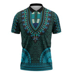 Teal Dashiki and Tapa Pattern Zipper Polo Shirt Africa-Polynesia Together Culture