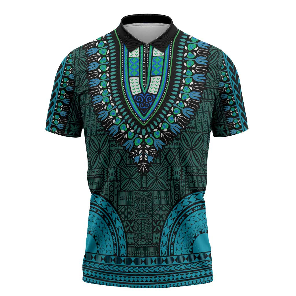 Teal Dashiki and Tapa Pattern Zipper Polo Shirt Africa-Polynesia Together Culture