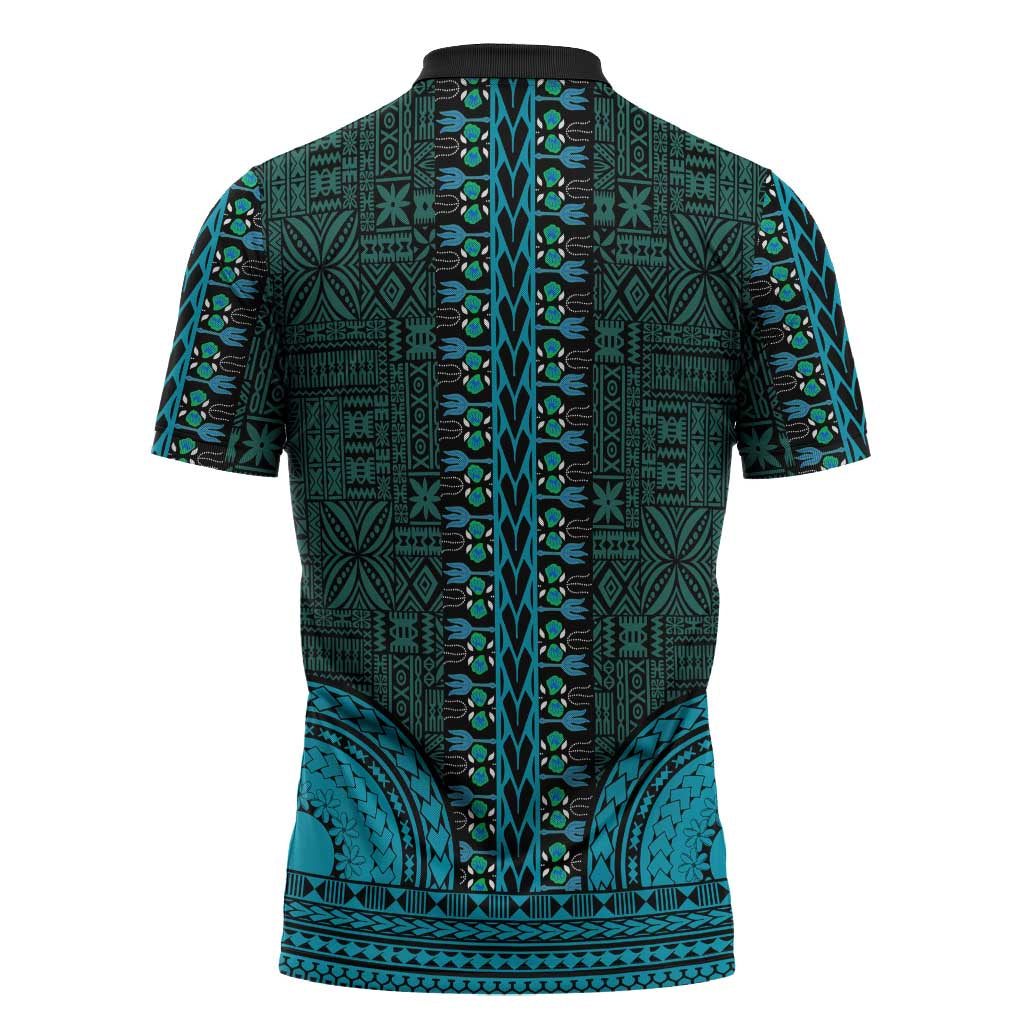 Teal Dashiki and Tapa Pattern Zipper Polo Shirt Africa-Polynesia Together Culture