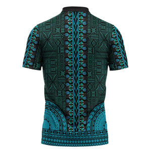 Teal Dashiki and Tapa Pattern Zipper Polo Shirt Africa-Polynesia Together Culture