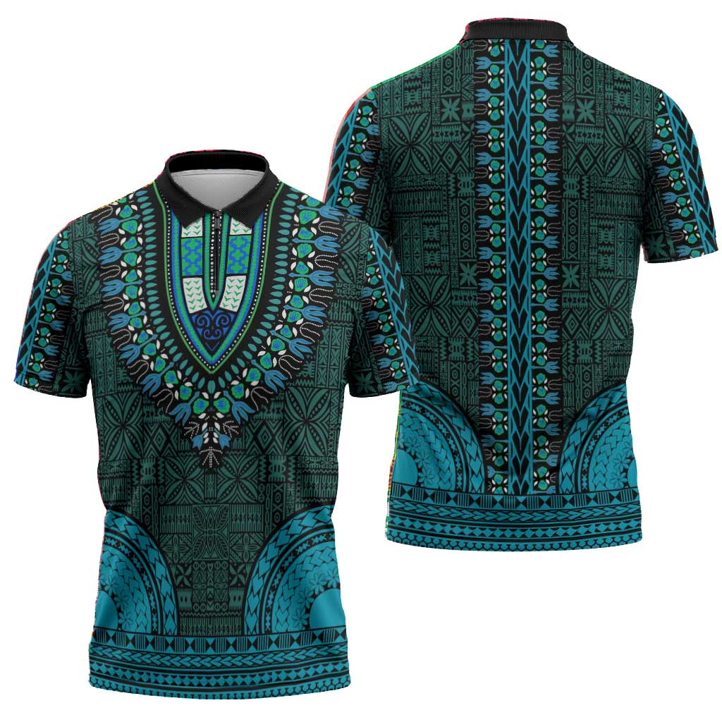 Teal Dashiki and Tapa Pattern Zipper Polo Shirt Africa-Polynesia Together Culture