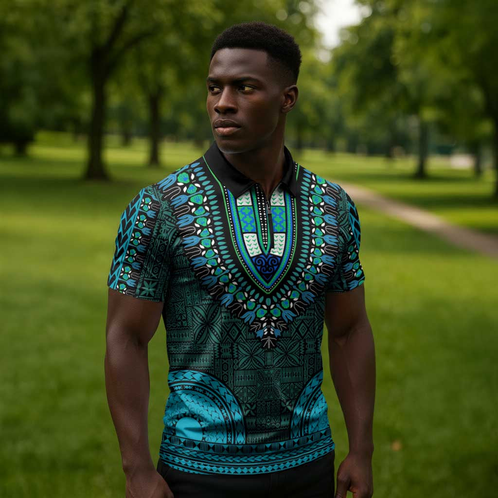 Teal Dashiki and Tapa Pattern Zipper Polo Shirt Africa-Polynesia Together Culture