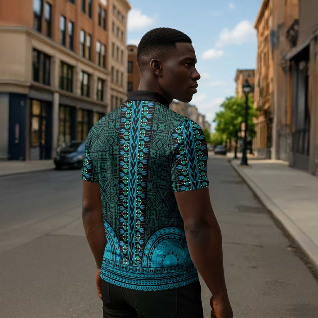 Teal Dashiki and Tapa Pattern Zipper Polo Shirt Africa-Polynesia Together Culture