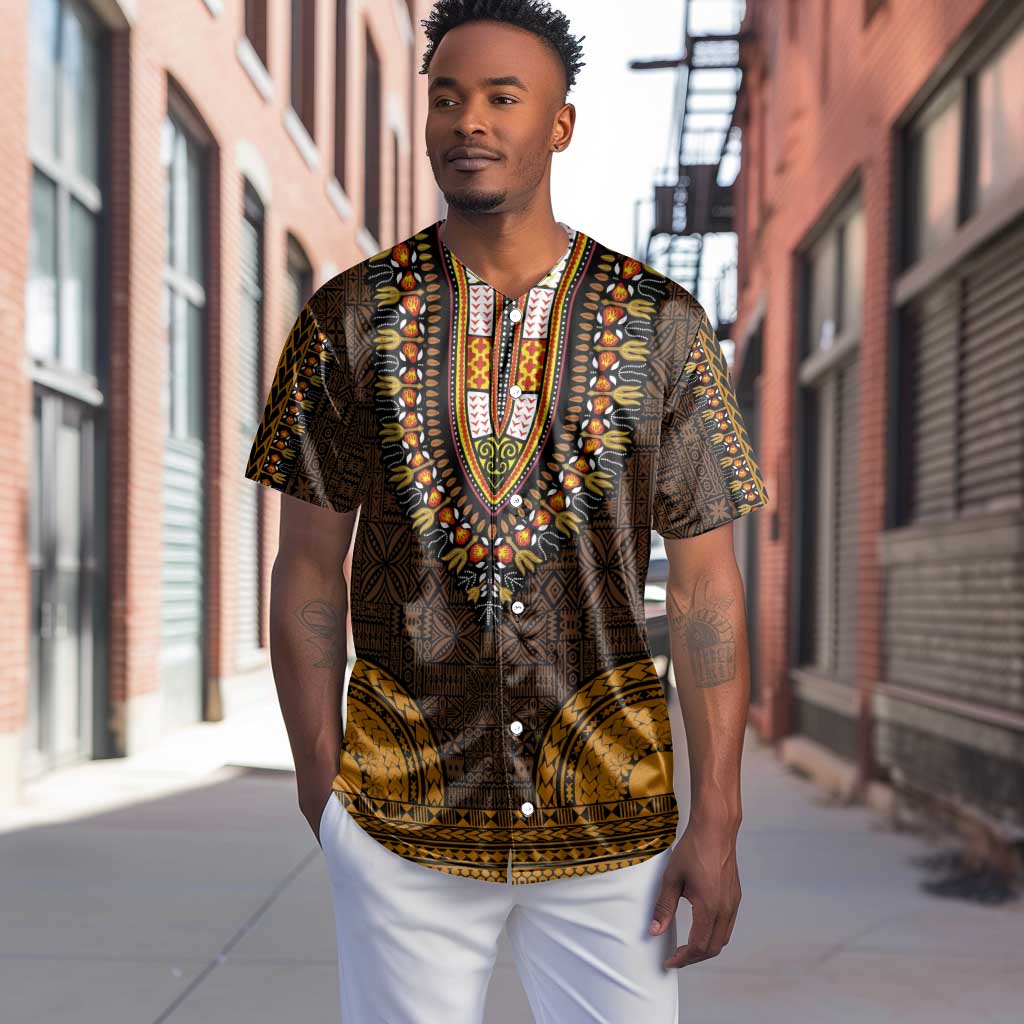 Gold Dashiki and Tapa Pattern Baseball Jersey Africa-Polynesia Together Culture