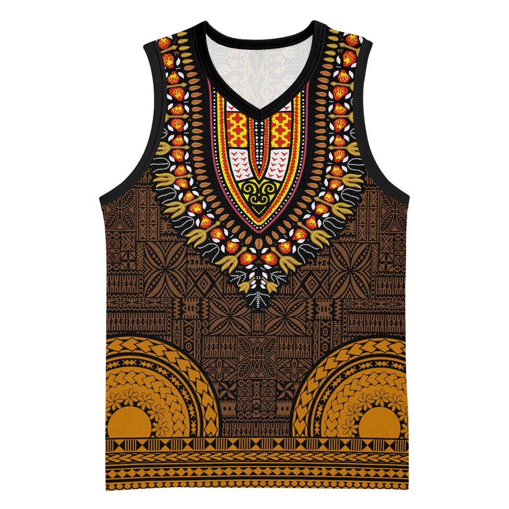 Gold Dashiki and Tapa Pattern Basketball Jersey Africa-Polynesia Together Culture - African Pride