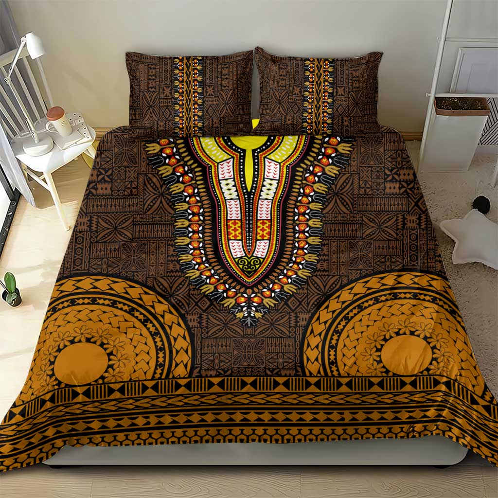 Gold Dashiki and Tapa Pattern Bedding Set Africa-Polynesia Together Culture