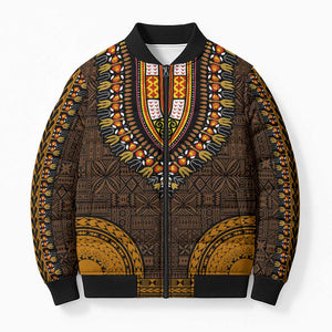 Gold Dashiki and Tapa Pattern Bomber Puffer Jacket Africa-Polynesia Together Culture