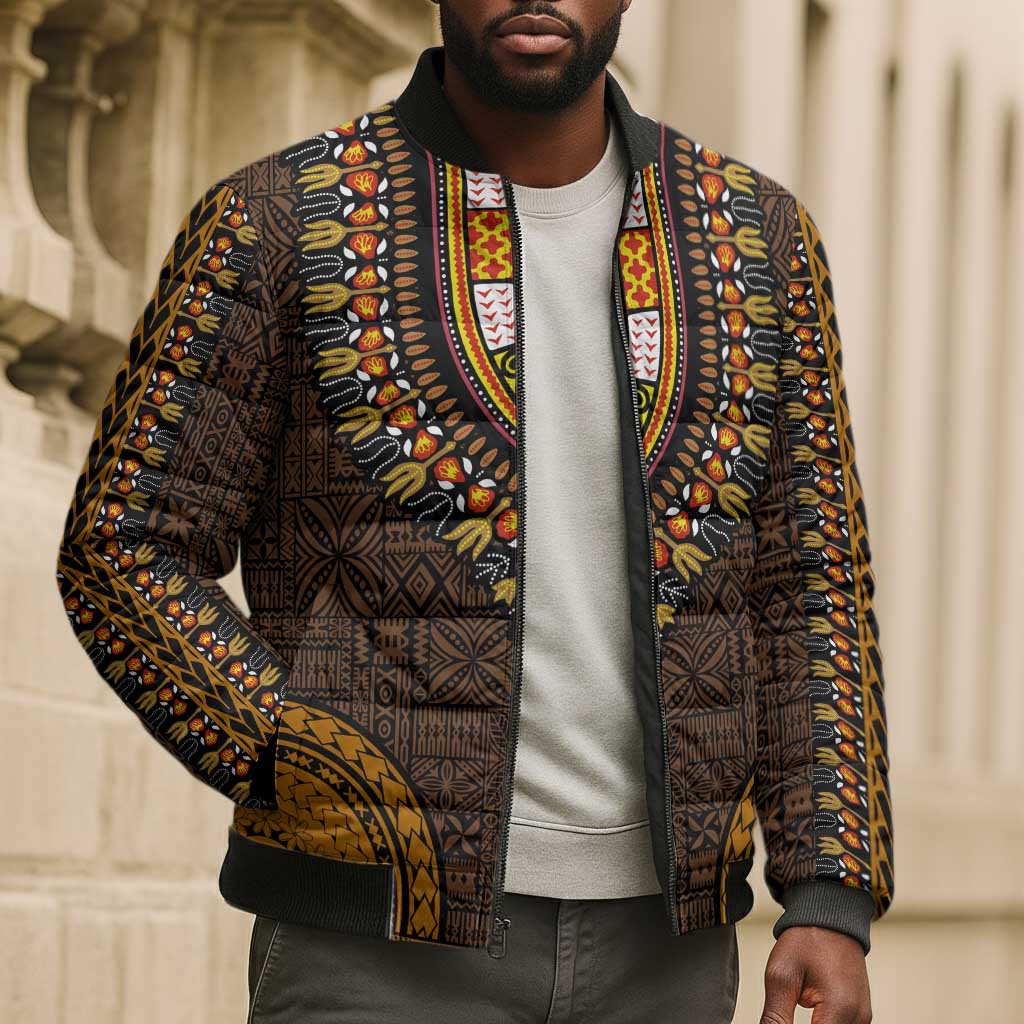 Gold Dashiki and Tapa Pattern Bomber Puffer Jacket Africa-Polynesia Together Culture