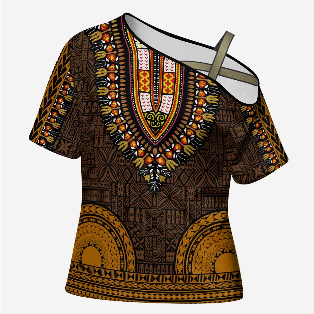 Gold Dashiki and Tapa Pattern Cross Shoulder Shirt Africa-Polynesia Together Culture