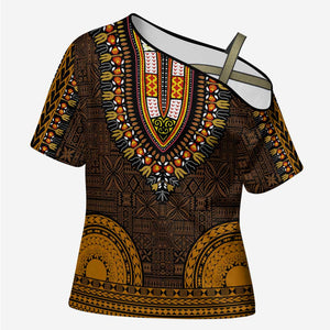 Gold Dashiki and Tapa Pattern Cross Shoulder Shirt Africa-Polynesia Together Culture