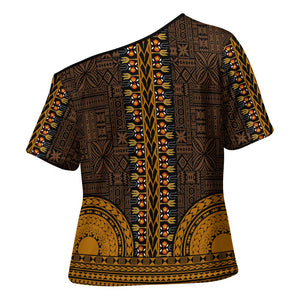 Gold Dashiki and Tapa Pattern Cross Shoulder Shirt Africa-Polynesia Together Culture