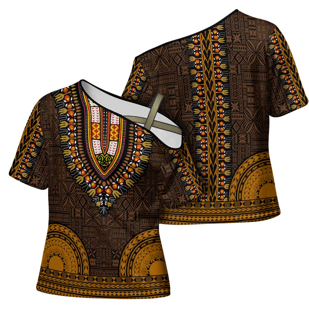 Gold Dashiki and Tapa Pattern Cross Shoulder Shirt Africa-Polynesia Together Culture