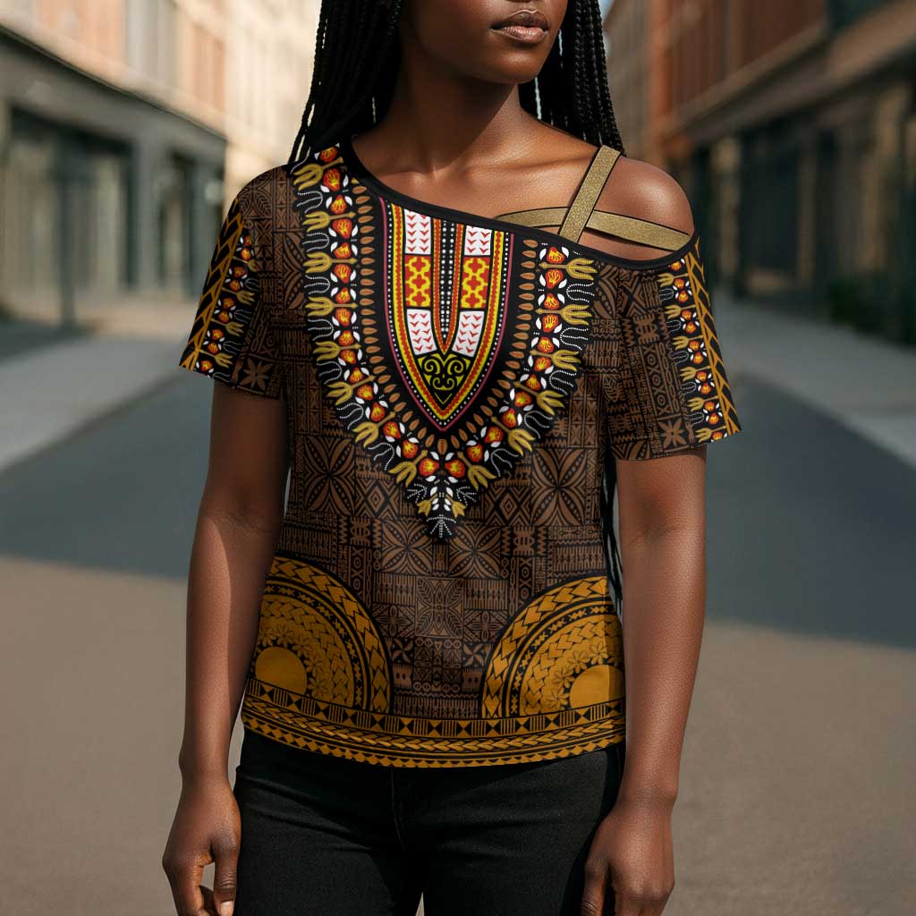 Gold Dashiki and Tapa Pattern Cross Shoulder Shirt Africa-Polynesia Together Culture