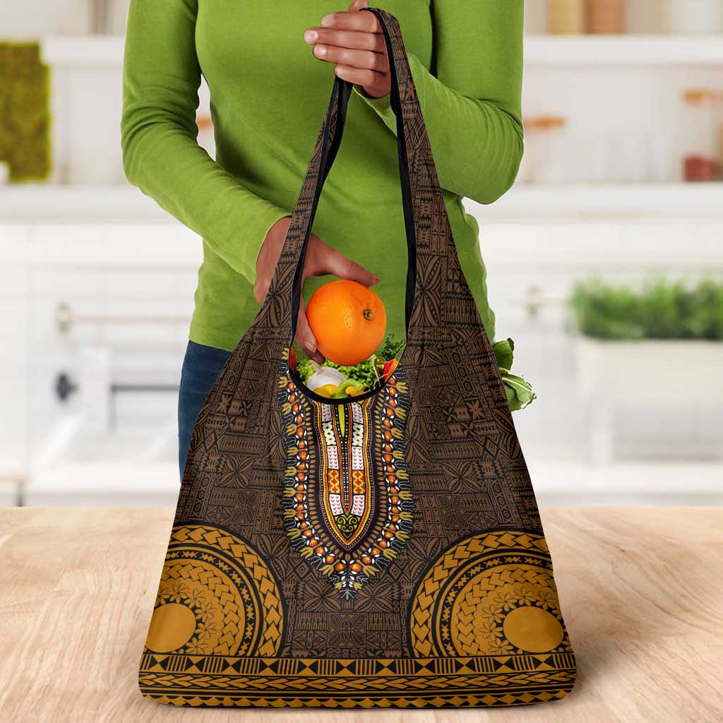 Gold Dashiki and Tapa Pattern Grocery Bag Africa-Polynesia Together Culture