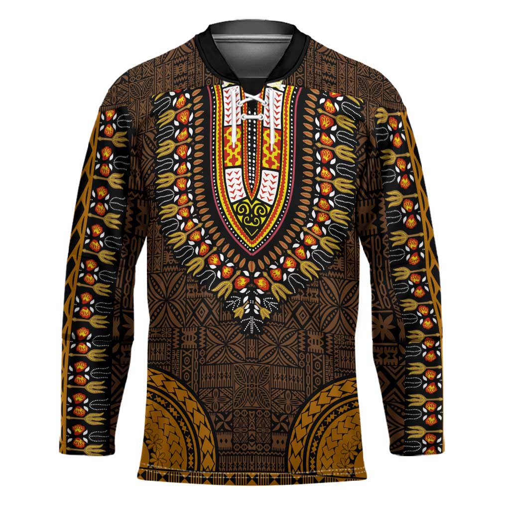 Gold Dashiki and Tapa Pattern Hockey Jersey Africa-Polynesia Together Culture