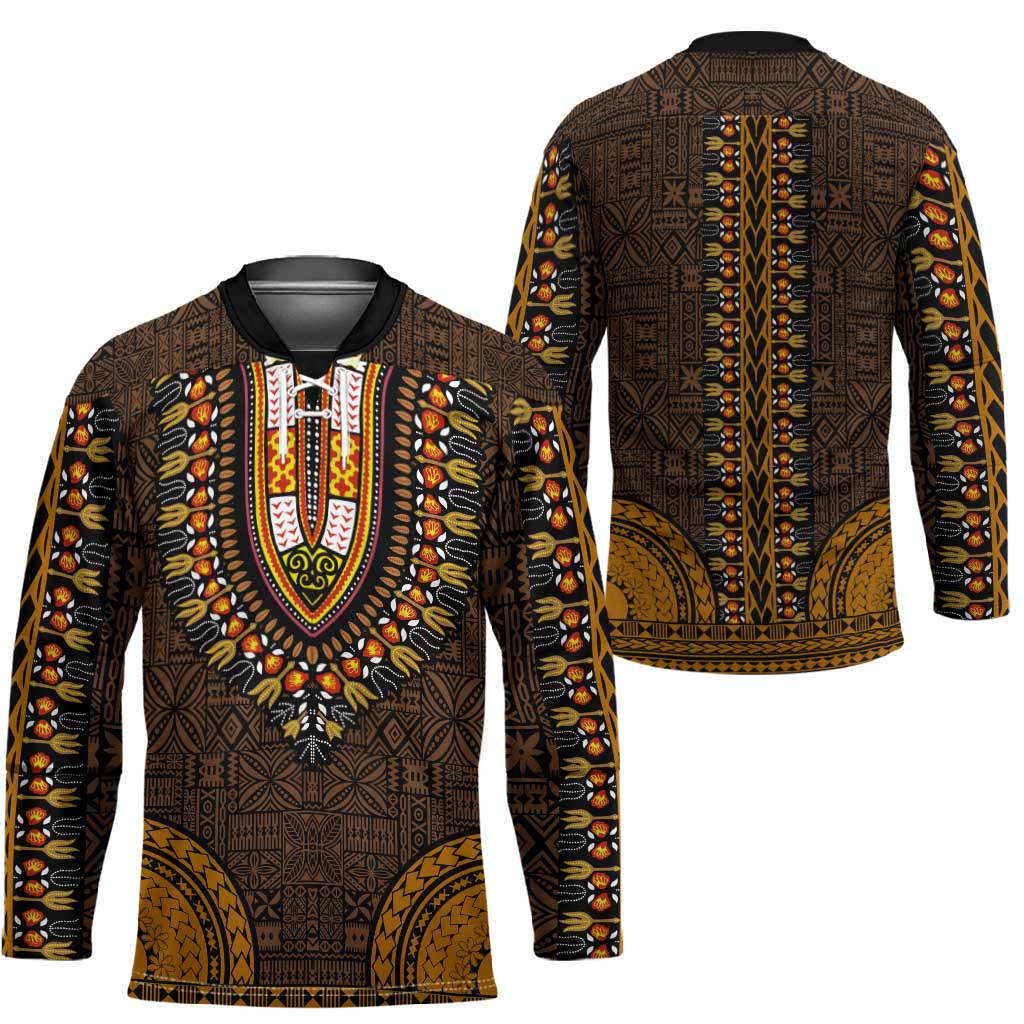 Gold Dashiki and Tapa Pattern Hockey Jersey Africa-Polynesia Together Culture